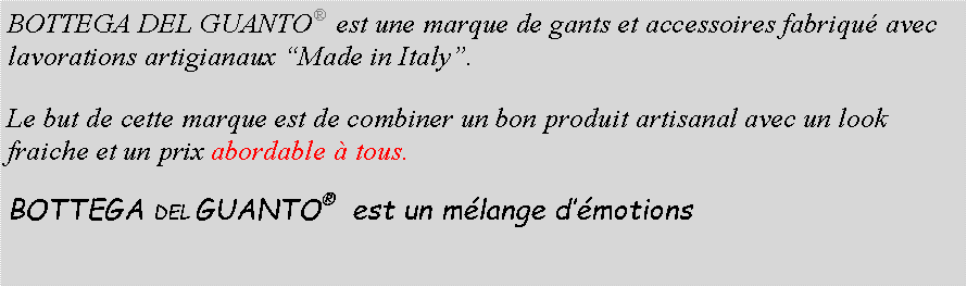 Casella di testo: BOTTEGA DEL GUANTO  est une marque de gants et accessoires fabriqu avec lavorations artigianaux Made in Italy.Le but de cette marque est de combiner un bon produit artisanal avec un look fraiche et un prix abordable  tous.BOTTEGA DEL GUANTO   est un mlange dmotions 